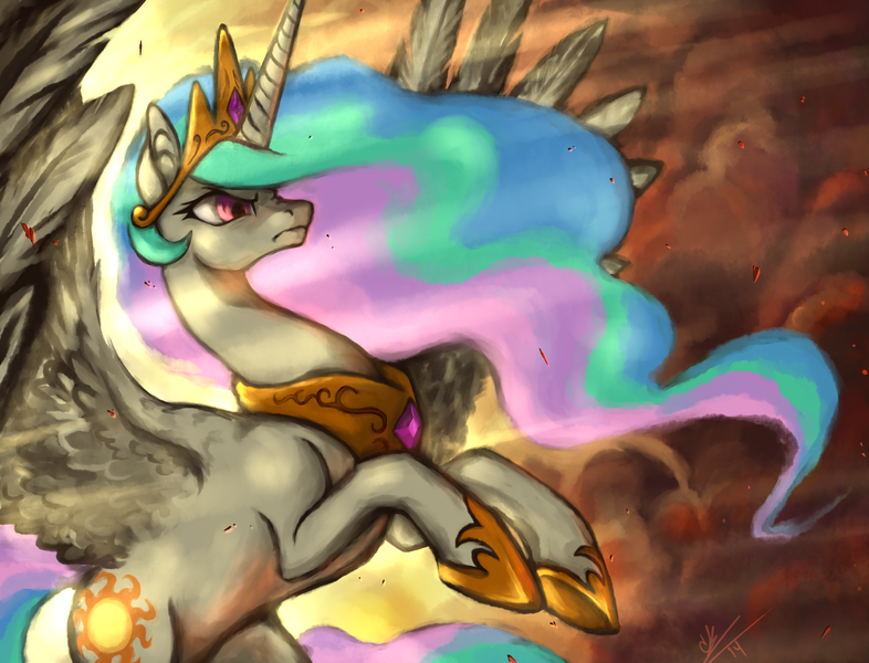 Size: 2100x1603 | Tagged: safe, artist:heavy-weight, derpibooru import, princess celestia, alicorn, pony, angry, badass, crown, female, fire, frown, hoof shoes, jewelry, mare, peytral, rearing, regalia, smoke, solo, spread wings, sun