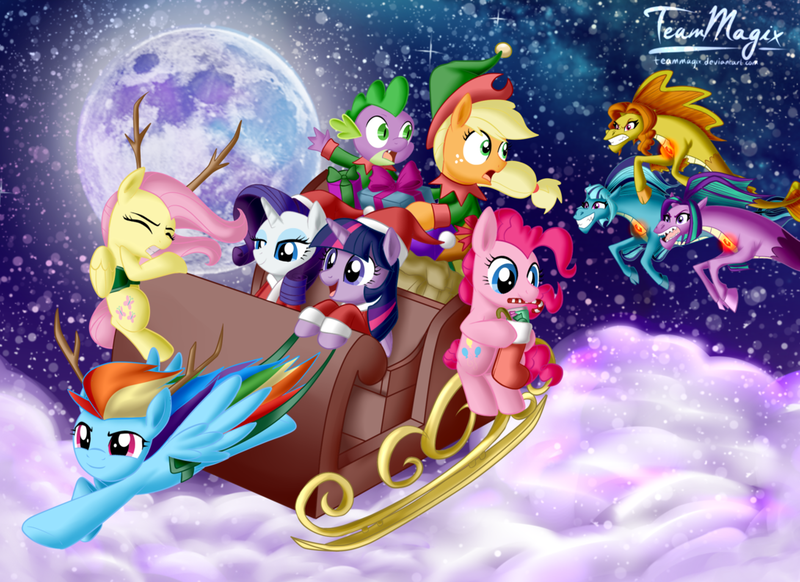 Size: 1024x745 | Tagged: safe, artist:teammagix, derpibooru import, adagio dazzle, applejack, aria blaze, fluttershy, pinkie pie, rainbow dash, rarity, sonata dusk, spike, twilight sparkle, twilight sparkle (alicorn), hippocampus, merpony, siren, equestria girls, rainbow rocks, antlers, candy, chase, christmas, clothes, cloud, cloudy, elf costume, flying, hat, hearth's warming eve, mane seven, mane six, moon, present, santa costume, santa hat, sleigh, snow, snowfall, the dazzlings, true form, winter