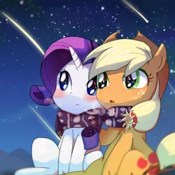 Size: 640x640 | Tagged: safe, artist:youhoujou, derpibooru import, applejack, rarity, clothes, cute, eye reflection, female, jackabetes, lesbian, night, pixiv, rarijack, reflection, scarf, shared clothing, shared scarf, shipping, shooting star, stargazing