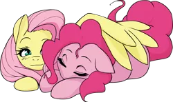 Size: 3147x1859 | Tagged: artist:coinpo, comforting, cuddling, derpibooru import, female, flutterpie, fluttershy, hug, lesbian, pinkie pie, safe, shipping, sleeping, snuggling, winghug