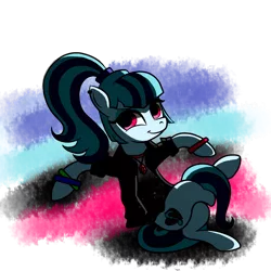 Size: 2448x2448 | Tagged: safe, artist:blackbasscry, derpibooru import, sonata dusk, ponified, pony, equestria girls, clothes, cool, crossed legs, ear piercing, equestria girls ponified, looking at you, pendant, shirt, solo, wristband