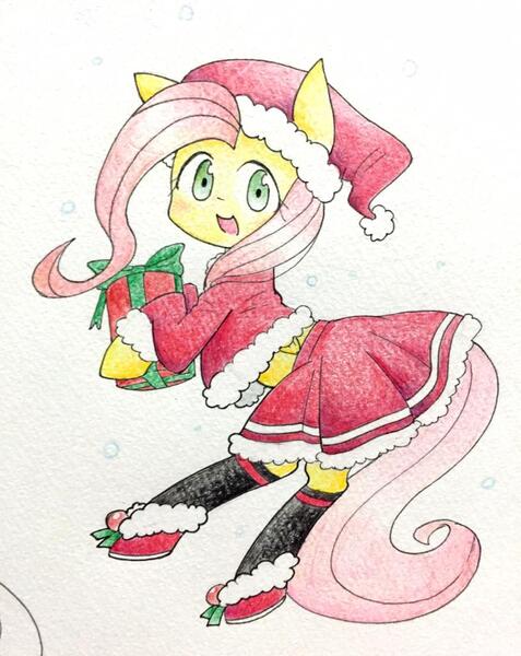 Size: 814x1024 | Tagged: safe, artist:yukimaki, derpibooru import, fluttershy, clothes, hat, midriff, present, santa costume, santa hat, skirt, snow, socks, solo, traditional art