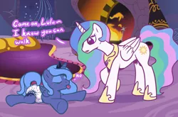 Size: 1253x829 | Tagged: age regression, artist:sylph-space, diaper, filly, foal, momlestia, princess celestia, princess luna, safe, woona