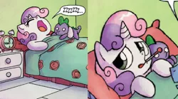 Size: 560x312 | Tagged: safe, derpibooru import, idw, spike, sweetie belle, spoiler:comic, bed, cropped, crush plush, female, male, plushie, shipping, spike plushie, spikebelle, straight