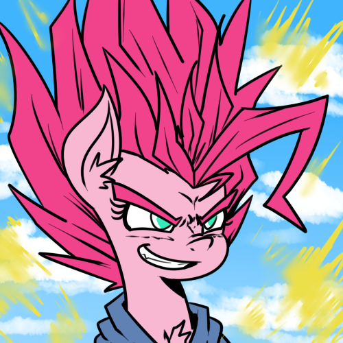 Size: 500x500 | Tagged: artist:reiduran, dead source, derpibooru import, dragon ball z, glare, grin, pinkie pie, safe, smirk, solo, super saiyan, xk-class end-of-the-world scenario