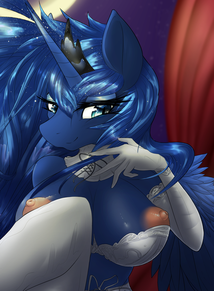 Size: 842x1142 | Tagged: anthro, artist:mirapony, big breasts, blushing, bra, breasts, clothes, cropped, cum, derpibooru import, evening gloves, female, huge breasts, implied straight, nipples, nudity, princess luna, questionable, shelf bra, solo, solo female, stockings, thigh highs, underwear