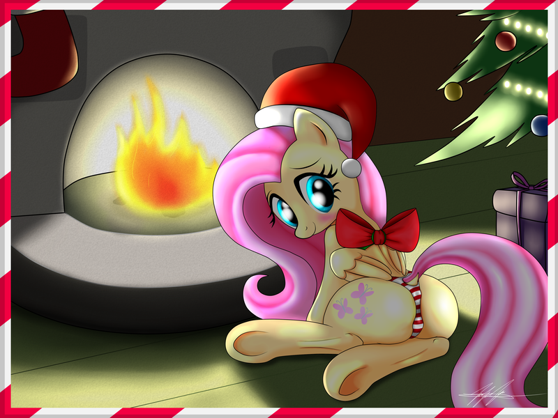 Size: 4000x3000 | Tagged: artist:rainingskys, blushing, bow, christmas tree, clothes, derpibooru import, dock, female, fire, fireplace, fluttershy, hat, looking at you, looking back, panties, prone, questionable, santa hat, smiling, solo, solo female, striped underwear, tree, underhoof, underwear