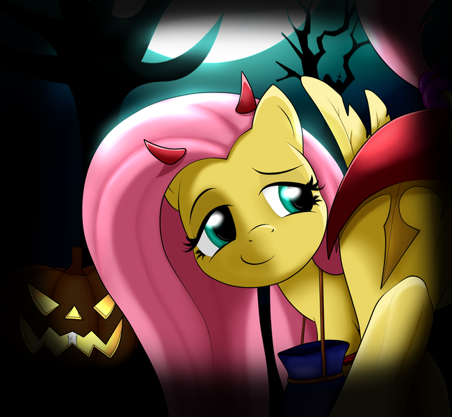 Size: 2124x1961 | Tagged: artist:rainingskys, bedroom eyes, cropped, derpibooru import, fluttershy, nightmare night, solo, suggestive