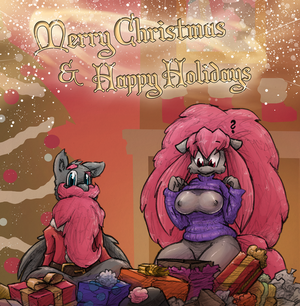 Size: 3408x3479 | Tagged: questionable, artist:the-wag, derpibooru import, oc, oc:wagram, oc:wingbella, unofficial characters only, anthro, breasts, clothes, happy holidays, hearth's warming eve, keyhole turtleneck, merry christmas, nipples, nudity, open-chest sweater, present, sweater, turtleneck