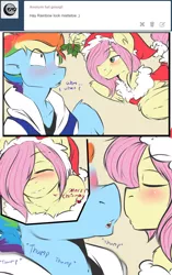 Size: 1280x2042 | Tagged: dead source, safe, artist:rainbowscreen, derpibooru import, fluttershy, rainbow dash, anthro, ask the gaylord, blushing, butterblitz, butterscotch, christmas, comic, flutterdash, gay, holly, holly mistaken for mistletoe, imminent kissing, male, rainbow blitz, rule 63, shipping, tumblr