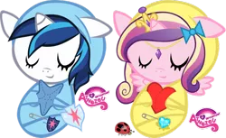 Size: 800x490 | Tagged: safe, artist:atnezau, derpibooru import, princess cadance, shining armor, ladybug, pony, baby, baby blanket, baby pony, babying armor, blanket, bow, cute, dawwww, foal, hair bow, heart, newborn, newborn babies, pin, plushie, ribbon, safety pin, simple background, stars, swaddled, swaddled babies, transparent background, vector, wrapped snugly, younger