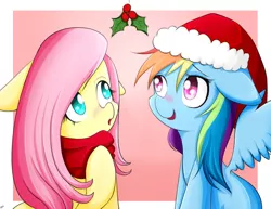 Size: 1604x1238 | Tagged: safe, artist:riouku, derpibooru import, fluttershy, rainbow dash, pony, :o, alternate hairstyle, blushing, clothes, female, floppy ears, flutterdash, hat, holly, holly mistaken for mistletoe, lesbian, looking up, mare, open mouth, raised eyebrow, santa hat, scarf, shipping, sitting, smiling, spread wings