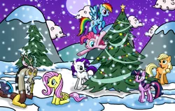 Size: 8268x5246 | Tagged: safe, artist:alexdti, derpibooru import, applejack, discord, fluttershy, pinkie pie, rainbow dash, rarity, twilight sparkle, twilight sparkle (alicorn), alicorn, pony, absurd resolution, christmas tree, female, mane six, mare, snow, snowfall, tree, winter