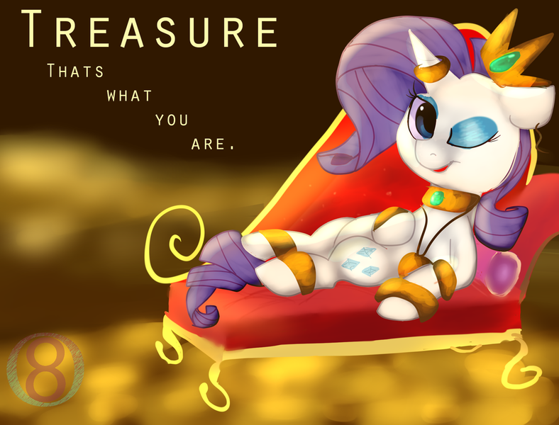Size: 1024x780 | Tagged: safe, artist:orgin8, derpibooru import, rarity, collar, gold, hoard, horn ring, solo, song reference