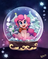 Size: 1477x1801 | Tagged: safe, artist:huaineko, derpibooru import, pinkie pie, cute, pixiv, snow, snowflake, snow globe, snowglobe pony, snowpony, solo