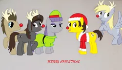 Size: 1000x574 | Tagged: safe, alternate version, artist:adkead80, derpibooru import, derpy hooves, doctor whooves, maud pie, time turner, oc, oc:adam, oc:adkead80, oc:sonata, pegasus, pony, background pony, christmas, christmas ponies, clothes, elf costume, female, gray background, hat, holiday special, looking back, mare, merry christmas, open mouth, raised hoof, red nose, red nosed reindeer, reindeer antlers, santa costume, santa hat, simple background, smiling, spread wings