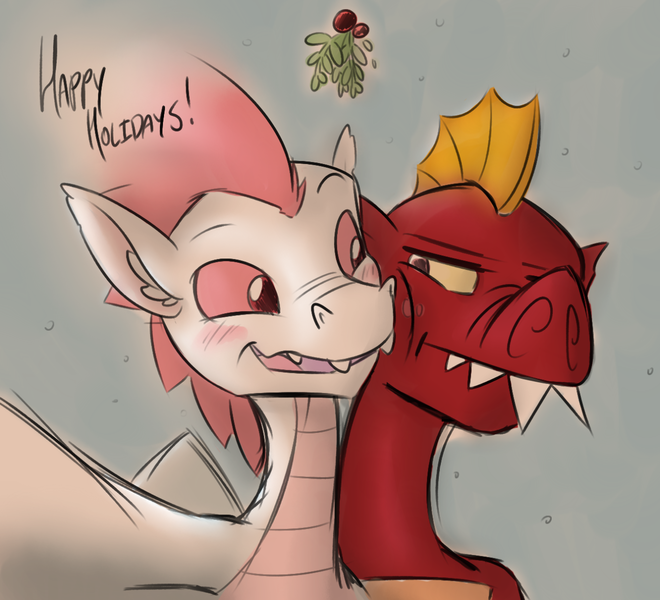 Size: 1280x1163 | Tagged: artist:dmann892, blushing, christmas, derpibooru import, dragon, fizzle, garbizzle, garble, gay, male, mistleholly, mistletoe, safe, shipping, teenaged dragon