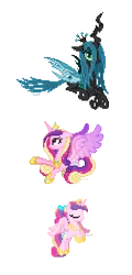 Size: 230x478 | Tagged: safe, artist:hexfloog, derpibooru import, princess cadance, queen chrysalis, alicorn, changeling, changeling queen, pony, cute, cutealis, cutedance, duo, duo female, eyes closed, female, filly, flying, mare, pixel art, signature, simple background, sprite, teen princess cadance, transparent background, younger