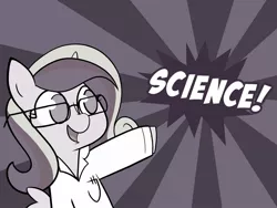 Size: 1280x960 | Tagged: artist:iraincloud, clothes, cute, derpibooru import, glasses, lab coat, monochrome, moonstuck, open mouth, pointing, princess cadance, safe, science, science woona, smiling, solo