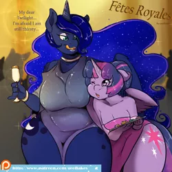 Size: 1200x1200 | Tagged: suggestive, artist:arnachy, derpibooru import, princess luna, twilight sparkle, twilight sparkle (alicorn), anthro, comic:fêtes royales, :o, bedroom eyes, breasts, busty princess luna, chubby, cleavage, clothes, comic, dress, explicit source, female, floppy ears, fluffy, licking lips, open mouth, party, patreon, plump, smiling, tongue out, wink