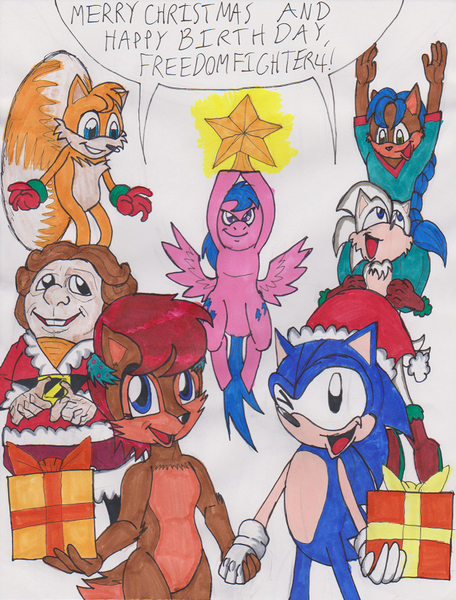 Size: 626x823 | Tagged: safe, artist:gojira007, derpibooru import, firefly, oc, oc:nick, oc:sophie, g1, bilbo baggins, boots, both cutie marks, christmas, clothes, crossover, flying, g1 to g4, generation leap, glow, happy birthday, hat, holding, holly, merry christmas, miles "tails" prower, mittens, offspring, present, sally acorn, santa costume, santa hat, shipping, sonic the hedgehog, sonic the hedgehog (series), stars, the hobbit, wat