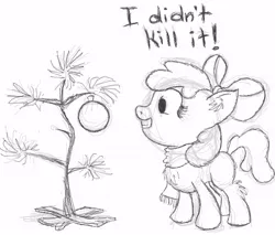 Size: 590x502 | Tagged: apple bloom, artist:thatfrankster, christmas, clothes, derpibooru import, monochrome, ornament, peanuts, safe, scarf, sketch, solo, tree