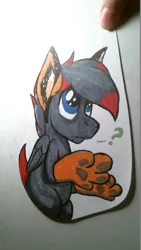 Size: 1024x1820 | Tagged: safe, artist:drawponies, derpibooru import, oc, oc:brimstone, unofficial characters only, fox pony, pegasus, pony, blue eyes, clothes, costume, fake ears, multicolored hair, paw socks, paws, question mark, solo, traditional art, wings