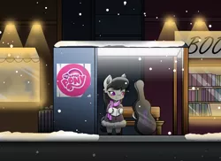 Size: 2500x1821 | Tagged: artist:zzvinniezz, bus station, cello, christmas, clothes, derpibooru import, musical instrument, my little pony logo, octavia melody, safe, scarf, snow, snowfall, solo