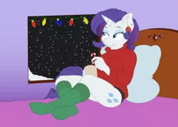 Size: 8225x5898 | Tagged: absurd resolution, anthro, artist:joey darkmeat, artist:refro82, bed, breasts, candy cane, christmas, christmas lights, clothes, derpibooru import, earring, feet, female, mug, night, pillow, plantigrade anthro, rarity, smiling, socks, solo, solo female, suggestive, sweater