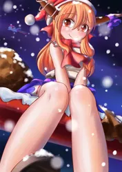 Size: 2480x3507 | Tagged: artist:dyoung, blushing, christmas, crossover, derpibooru import, ibuki suika, legs, pixiv, rainbow dash, safe, snow, snowfall, touhou