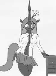 Size: 597x800 | Tagged: artist needed, source needed, suggestive, derpibooru import, queen chrysalis, anthro, breasts, monochrome, solo