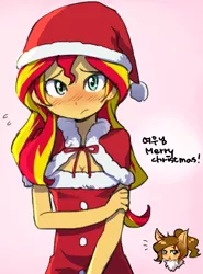 Size: 486x657 | Tagged: dead source, safe, artist:baekgup, derpibooru import, sunset shimmer, oc, equestria girls, rainbow rocks, blushing, breasts, cleavage, clothes, cute, female, hat, korean, santa costume, santa hat, shimmerbetes, shy, solo, sunset santa