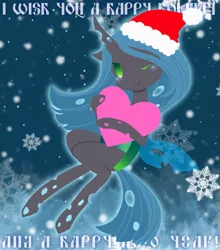 Size: 827x940 | Tagged: safe, artist:divided-s, derpibooru import, queen chrysalis, christmas, hat, santa hat, snow, snowfall, snowflake, solo, wink, winter