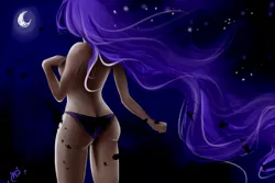 Size: 1024x682 | Tagged: artist:vanilla166, ass, back, breasts, clothes, derpibooru import, female, human, humanized, moon, night, panties, princess luna, solo, solo female, suggestive, topless, underwear