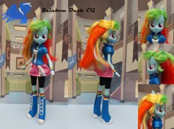 Size: 3721x2761 | Tagged: safe, artist:shiveringcanvas, derpibooru import, rainbow dash, equestria girls, boots, bracelet, clothes, custom, doll, fixed, irl, jewelry, photo, pony ears, pony eyes, skirt, socks, toy, wristband