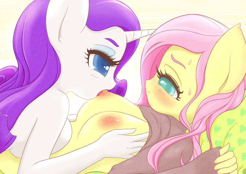 Size: 2831x2005 | Tagged: questionable, artist:sigpi, derpibooru import, fluttershy, rarity, anthro, breasts, clothes, cute, cute porn, female, flarity, lesbian, licking, nipples, nudity, pixiv, shipping, shirt lift, suckling, sweater, sweatershy