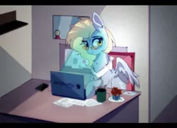 Size: 896x654 | Tagged: safe, artist:aureai, derpibooru import, derpy hooves, pegasus, pony, chest fluff, computer, desk, female, glasses, laptop computer, linux, mare, solo, ubuntu, underp