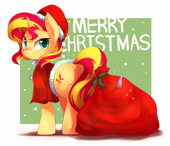 Size: 1588x1366 | Tagged: suggestive, artist:maren, derpibooru import, sunset shimmer, twilight sparkle, twilight sparkle (alicorn), alicorn, pony, unicorn, christmas, clothes, colored pupils, featureless crotch, female, hat, horn, kidnapped, looking at you, looking back, mare, plot, sack, santa costume, santa hat, santa sack, shadow, smiling, sunset santa, sweatdrop
