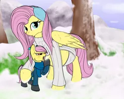 Size: 1280x1024 | Tagged: safe, artist:m-p-l, derpibooru import, fluttershy, oc, oc:midnight dew, hybrid, belly, clothes, earmuffs, interspecies offspring, keyhole turtleneck, mothershy, offspring, open-chest sweater, parent:discord, parent:fluttershy, parents:discoshy, preggoshy, pregnant, scarf, snow, story included, sweater, sweatershy, turtleneck