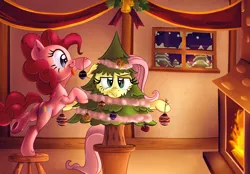 Size: 2708x1889 | Tagged: safe, artist:discorded, derpibooru import, fluttershy, pinkie pie, balancing, bauble, christmas, christmas tree, decorating, decoration, female, fire, flutterpie, fluttertree, lesbian, shipping, stool, tongue out, tree, tree costume, unamused, underhoof, wat