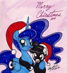 Size: 1150x1244 | Tagged: safe, artist:newyorkx3, derpibooru import, princess luna, oc, oc:tommy junior, pony, christmas, colt, duo, duo male and female, female, foal, hat, holiday, hoof around neck, image, jpeg, male, mare, merry christmas, open mouth, open smile, santa hat, smiling, traditional art, winter