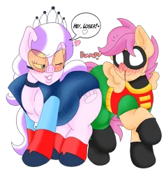 Size: 1559x1636 | Tagged: safe, artist:blackbewhite2k7, derpibooru import, diamond tiara, scootaloo, earth pony, pegasus, pony, batman, blood, butt bump, butt to butt, butt touch, chubby diamond, clothes, costume, crossover, female, lesbian, nosebleed, pig nose, scootiara, shipping, simple background, teasing, the capitalist piglette, transparent background, vector