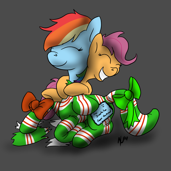 Size: 4000x4000 | Tagged: artist:dombrus, derpibooru import, gift wrapped, hug, rainbow dash, safe, scootaloo, wrapping paper