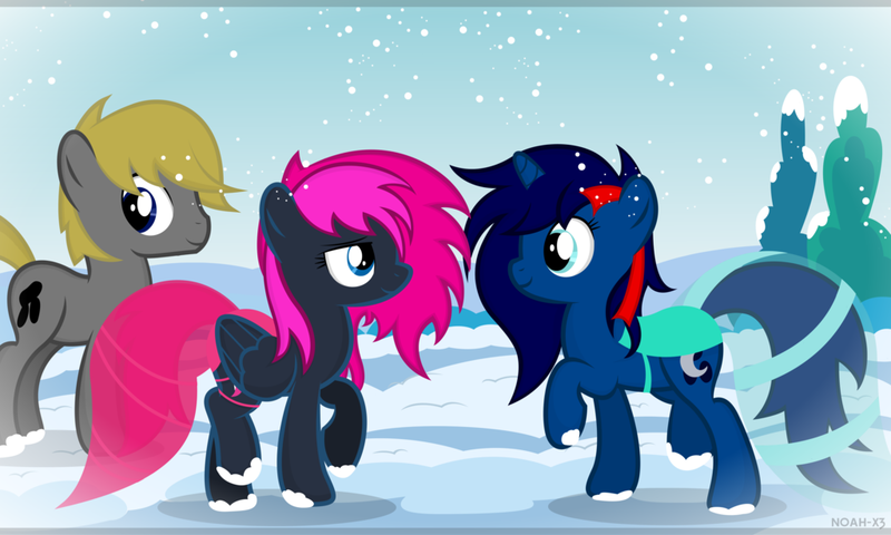 Size: 1024x614 | Tagged: artist:noah-x3, derpibooru import, group, norene, oc, oc:neon flare, oc:noah, oc:serene, safe, snow, snowfall, unofficial characters only