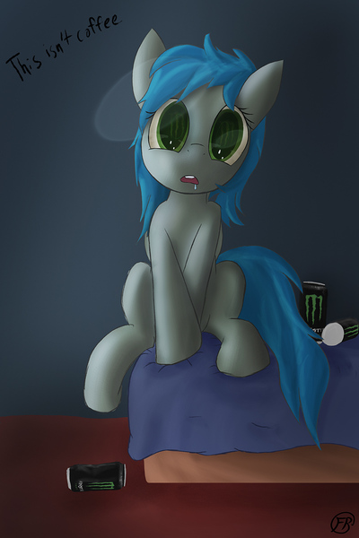 Size: 800x1200 | Tagged: safe, artist:frisky, derpibooru import, oc, oc:darcy sinclair, unofficial characters only, pegasus, pony, bed, can, dilated pupils, drool, female, monster energy, not coffee, solo