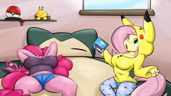 Size: 1920x1080 | Tagged: 3ds, angry, anthro, artist:sanders, bed, bedroom, big breasts, breasts, busty fluttershy, busty pinkie pie, cleavage, clothes, derpibooru import, elekid, female, fluttershy, hoodie, large butt, pajamas, pikachu, pinkie pie, pokéball, pokémon, shorts, snorlax, suggestive, tail, tanktop, wallpaper, wallpaper for the fearless, window