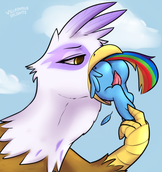 Size: 900x958 | Tagged: questionable, artist:mrslush, derpibooru import, gilda, rainbow dash, gryphon, crotch tasting, fetish, food chain, gildapred, griffons doing griffon things, mythologically accurate, plot, predator, prey, preydash, throat bulge, villainous delights, vore