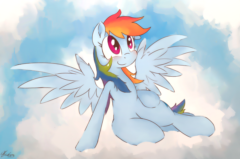 Size: 1100x730 | Tagged: safe, artist:ollywiicious, derpibooru import, rainbow dash, pegasus, pony, cloud, cloudy, female, mare, sitting, smiling, solo