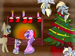 Size: 1024x768 | Tagged: safe, artist:twinkiepie19, derpibooru import, amethyst star, chirpy hooves, derpy hooves, dinky hooves, doctor whooves, time turner, mouse, pegasus, pony, bowtie, candle, christmas, christmas stocking, christmas tree, clothes, dizzy doo, equestria's best family, female, fireplace, hat, hooves family, mare, santa hat, scarf, tree