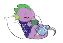 Size: 749x515 | Tagged: artist:carnifex, baby, baby dragon, barb, barbabetes, clothes, cute, derpibooru import, dragon, dragoness, eyes closed, female, mug, rule 63, rule63betes, safe, smiling, socks, solo, spike, sweater